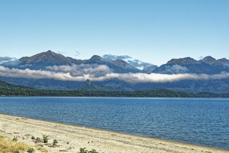 a beach with mountains in the background